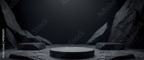 Fototapeta Naklejka Na Ścianę i Meble -   Black podium stone background rock product display 3d dark stand platform abstract stage scene studio. Stone wall black space podium mockup pedestal geometric marble showcase minimal presentation. 