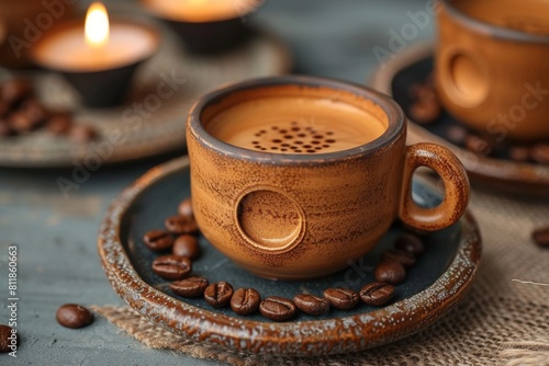 Close-up view of a brown ceramic coffee cup on a saucer with coffee beans scattered around  and a lit candle in the background