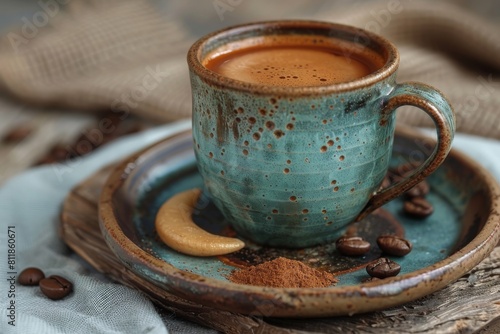 An inviting turquoise ceramic coffee cup filled with espresso  adorned with coffee beans and a biscotti on a rustic wooden saucer