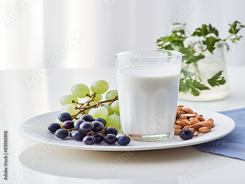 glass of milk with blueberries and green grapes