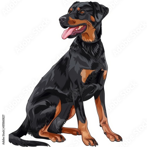 Beauceron dog sitting on white floor, full-length cartoon sketch portrait in black and white