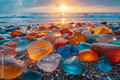 A vast spread of glass treasures glowing under the sunset sky, showcasing a mix of colors on a sandy beach photo