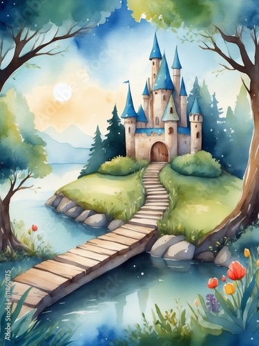 Magical Storybook Scene  Watercolor Background with a Fairytale Theme