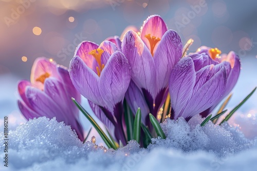 A vibrant cluster of dewy purple crocuses surrounded by snowflakes highlights nature s springtime awakening