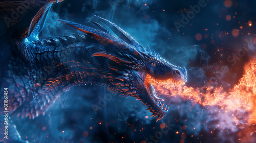 Blue dragon breathing fire on dark smoke background