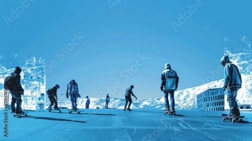 A group of skaters traverses an urban setting  their motion captured in a serene blue tone that gives a unique  cold yet energetic ambience.