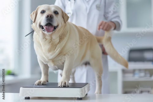 A golden labrador retriever at the veterinarian's office is having its weight checked. The problem of obesity in dogs and cats. Diagnosis of pets' health, pet life insurance, modern veterinary clinic. photo