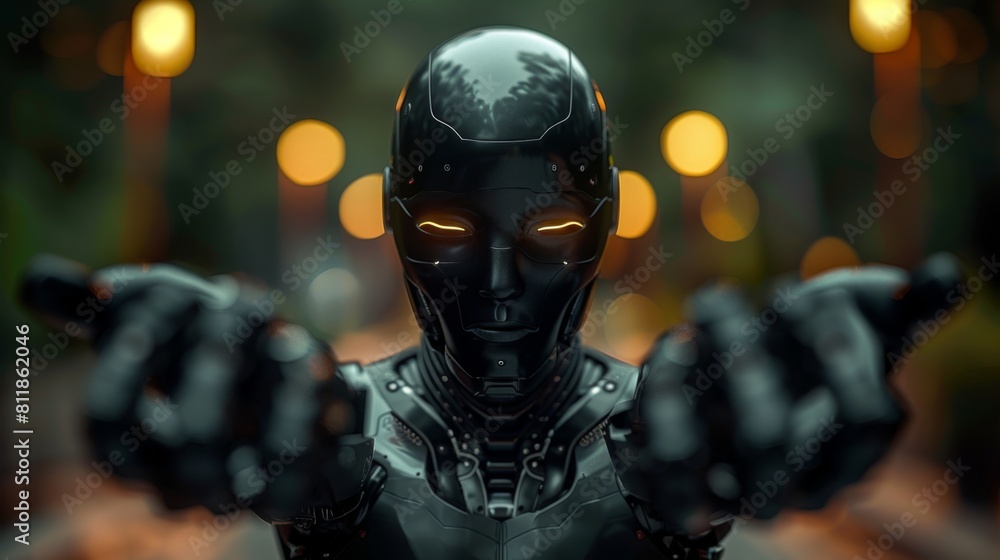 A sleek humanoid robot extends the open palm of its right hand towards the viewer, set against a blurred evening backdrop with warm lights. A sleek humanoid robot extends the open palm of its right hand towards the viewer, set against a blurred evening backdrop with warm lights.