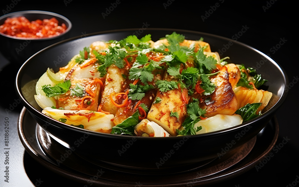 Korea food, Chinese cabbage kimchi and vegetables in black bowl Korea food, Chinese cabbage kimchi and vegetables in black bowl
