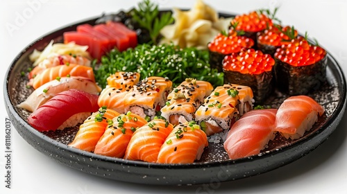 A plate of sushi with various types of fish.