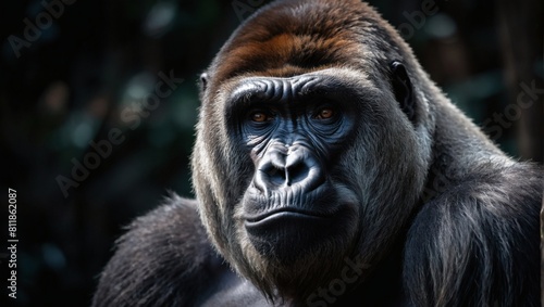 Majestic Gorilla, Powerful Silverback Portrait Against Black Background