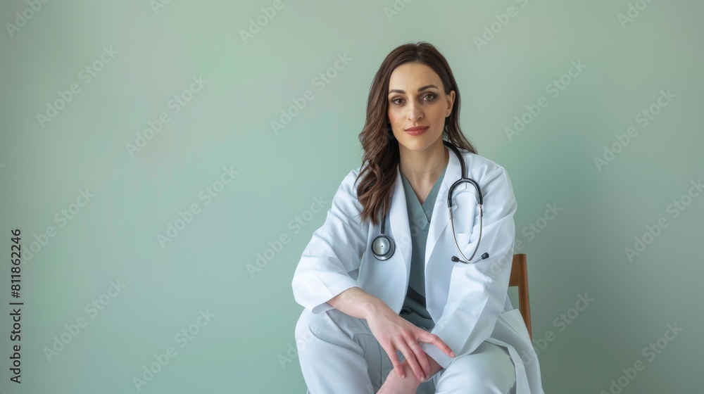 A seasoned female physician in a white coat is sitting cross-legged on a chair, looking directly at the camera, against a light green backdrop A seasoned female physician in a white coat is sitting cross-legged on a chair, looking directly at the camera, against a light green backdrop