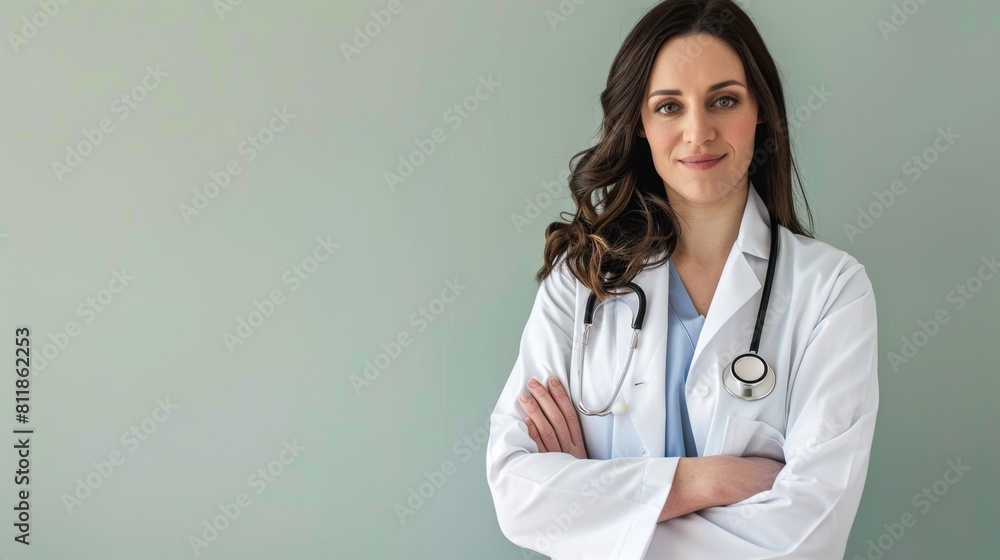 A seasoned female physician in a white coat stands with her arms crossed, looking directly at the camera, against a light-green backdrop A seasoned female physician in a white coat stands with her arms crossed, looking directly at the camera, against a light-green backdrop