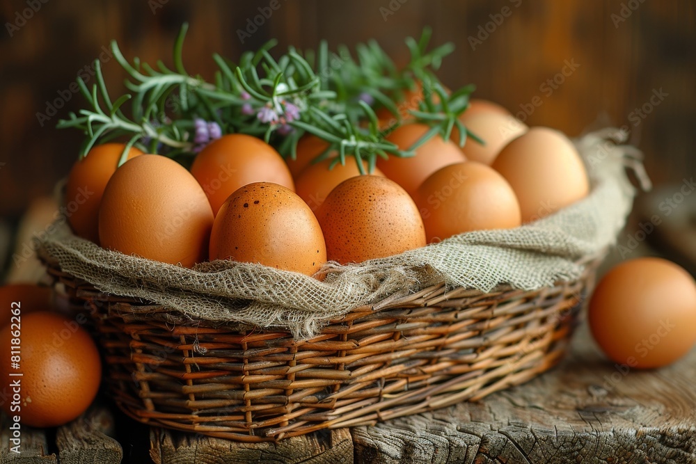 A close-up of farm fresh eggs in a wicker basket adorned with purple flowers and burlap, on a rustic wood backdrop A close-up of farm fresh eggs in a wicker basket adorned with purple flowers and burlap, on a rustic wood backdrop