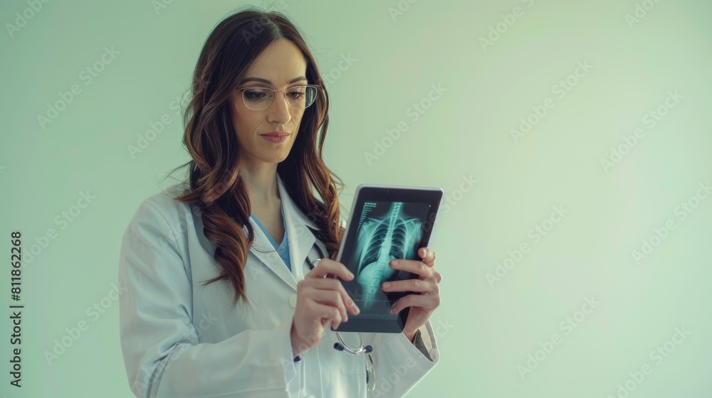 A seasoned female physician in a white coat holds a digital tablet up, using it to display an X-ray scan A seasoned female physician in a white coat holds a digital tablet up, using it to display an X-ray scan