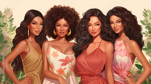 Diverse Women of Different Ethnicities Embrace the Summer Sun in Vector Illustration. Celebrating Sisterhood and Friendship in Multicultural Unity. International Females Stand Together in Pastel Brown