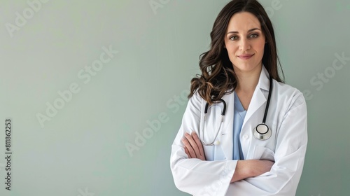 A seasoned female physician in a white coat stands with her arms crossed, looking directly at the camera, against a light-green backdrop photo