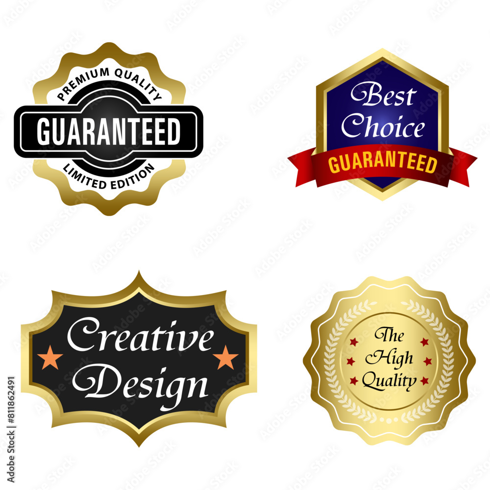 Set of Quality Badges and Labels Design Elements. Golden badge labels and laurel retro vintage collection. Emblem premium luxury logo in retro style template badges collection.