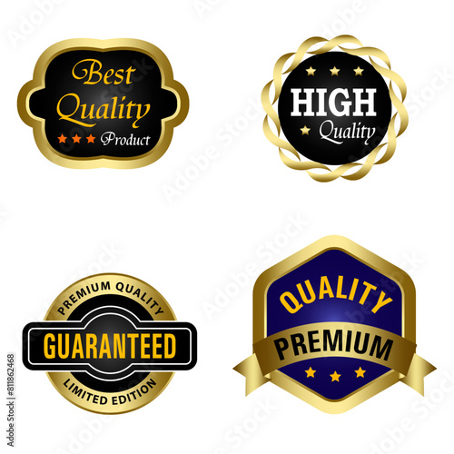 Set of Quality Badges and Labels Design Elements. Golden badge labels and laurel retro vintage collection. Emblem premium luxury logo in retro style template badges collection.