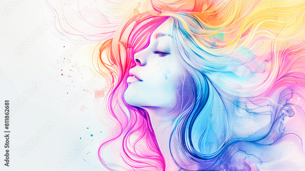 Artistic fantasy closeup of a girl with rainbow colored hair
