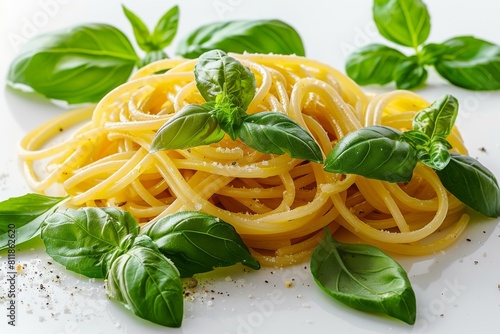 Perfectly cooked spaghetti pasta garnished with basil leaves and grated cheese photo