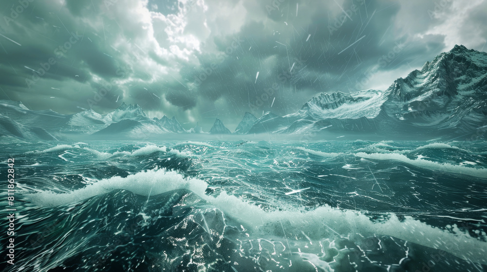 Fototapeta premium Stormy sea or ocean with big waves and storm clouds over it