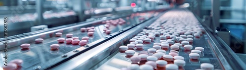 Modern pharmaceutical factory showcases pills moving on conveyor belt.