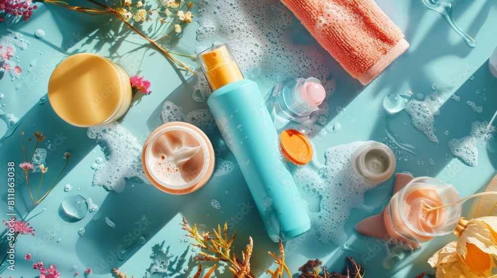 Beauty products arranged on a glossy blue surface Beauty products arranged on a glossy blue surface