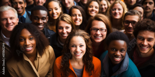 Diverse crowd smiling faces happy multiethnic group young people friends community together unity portrait positive friendly teamwork looking camera overhead view