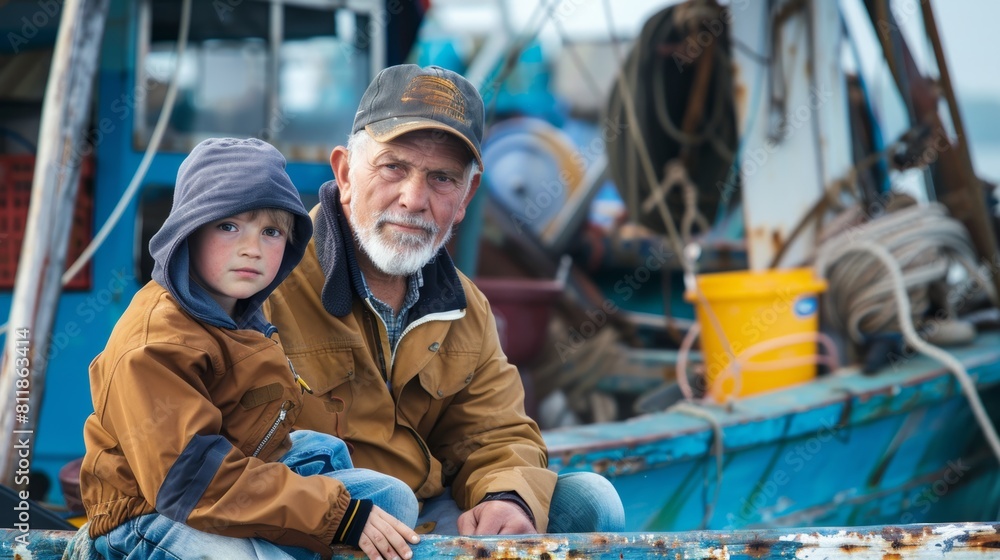 Grandfather and grandson sitting side by side on a fishing boat, looking at the camera