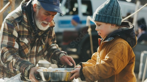 Grandfather and grandson volunteering at a homeless shelter