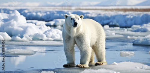 polar bear stands on a melting ice floe, global warming, melting ice, environment