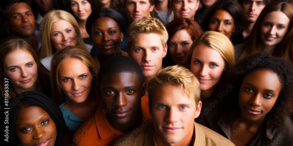 Diverse Group Looking Upwards, Aerial View Capturing Wide Range of Ethnicities in Coherent Unity, Ideal for Conceptual Representation of Global Harmony and Team Spirit