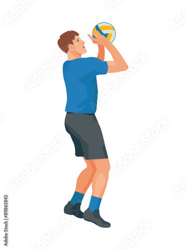 Volleyball player in a blue T-shirt jumps up to push the ball with two hands