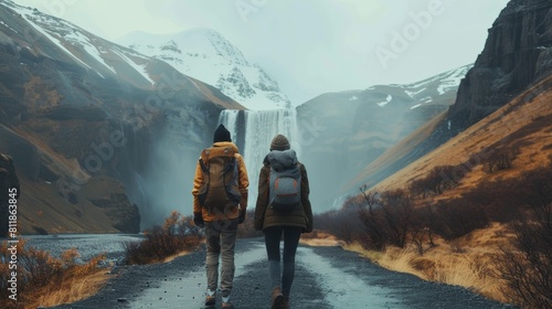 Two friends hiking, waterfall and snowy mountains in the background © Don Media