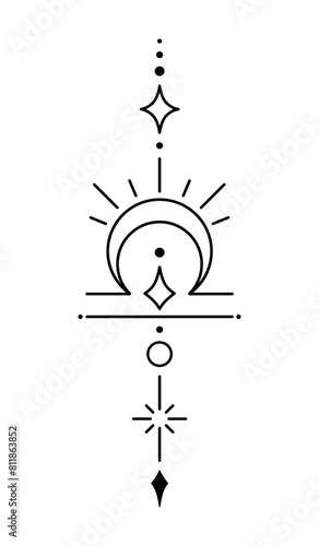 Libra zodiac sign and symbol blackwork tattoo. Sacred geometry horoscope tattoo design, mystic symbol of constellation. New school dotwork, line art minimalist style tattoo. Boho design.