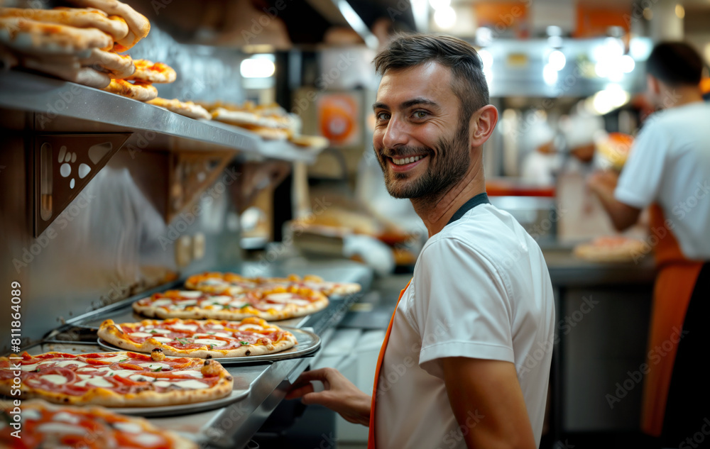 Pizzaiolo Chef standing in a pizza restaurant kitchen