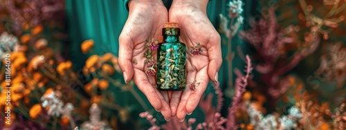 Bottles with tincture of medicinal herbs in the hands of a woman. Selective focus. photo