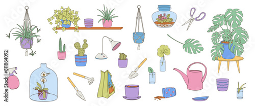 set elements about indoor greenery and home plants with plant pot, plants, watering can, grow lamp