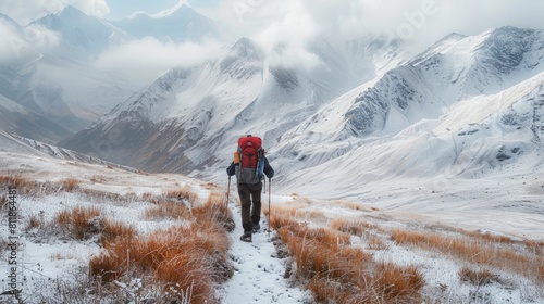 A person hikes up a snowy mountain trail, mountains in the background