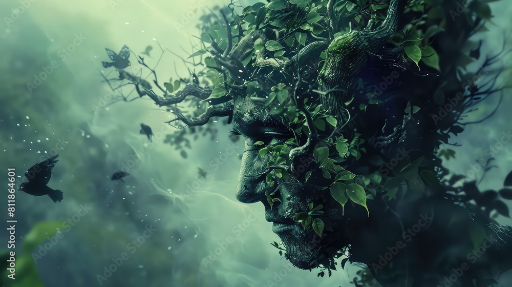 Human face in leaves and plants in nature. Selective focus. Human face in leaves and plants in nature. Selective focus.