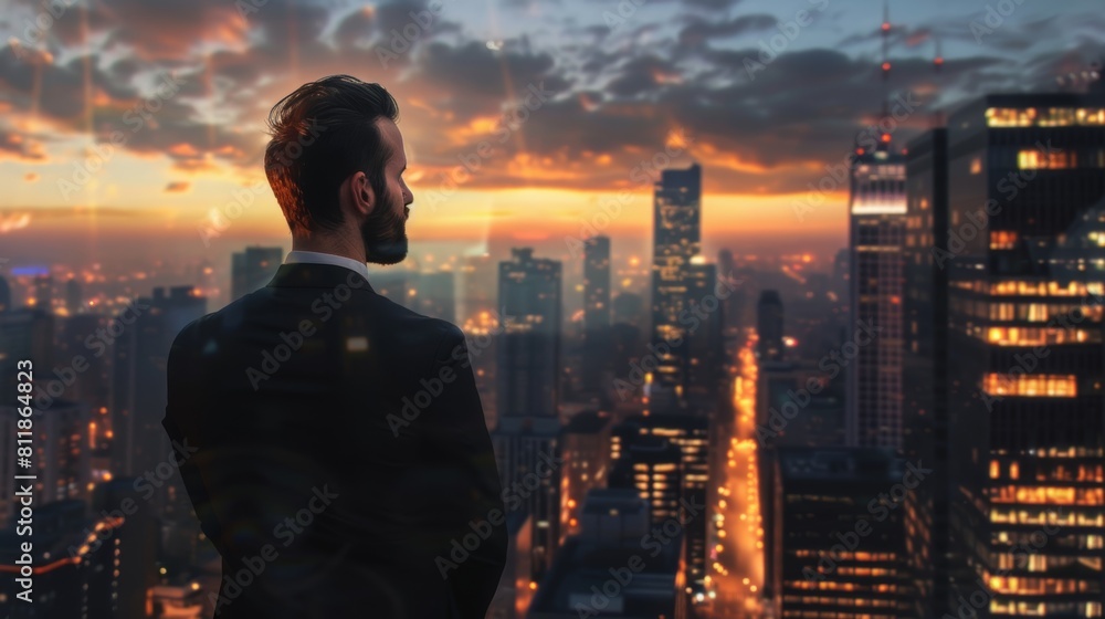 A businessman in a tailored suit, azing over the city from a high vantage point on a skyscraper, with the city lights twinkling below as dusk settles A businessman in a tailored suit, azing over the city from a high vantage point on a skyscraper, with the city lights twinkling below as dusk settles