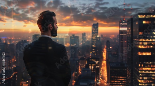 A businessman in a tailored suit, azing over the city from a high vantage point on a skyscraper, with the city lights twinkling below as dusk settles