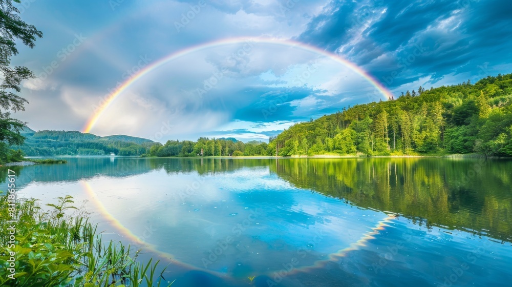Rainbow over Lake with Green Forest Reflection | Colorful Atmospheric Nature Scene for Environmental Awareness Campaigns and Outdoor Adventure Imagery Rainbow over Lake with Green Forest Reflection | Colorful Atmospheric Nature Scene for Environmental Awareness Campaigns and Outdoor Adventure Imagery