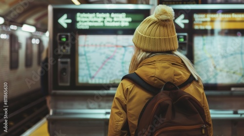A young woman with a backpack standing at the ticket machine in a subway station
