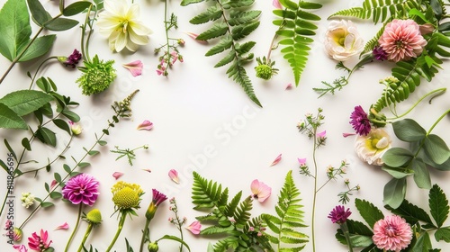 Leaves and flowers on a white background frame. Selective focus.