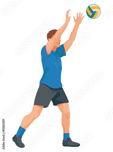 Isolated figure of a man playing volleyball who threw a ball with his arms raised high