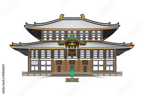 The famous temple in Nara Japan – Todaiji temple drawing in colorful cartoon vector