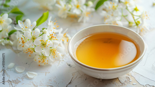 Bowl of honey with flowers of acacia on light background