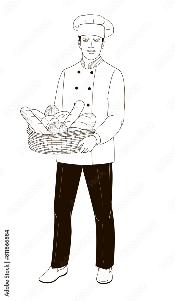 male African American character baker standing with a basket of bread black and white hand drawing outline vector illustration male African American character baker standing with a basket of bread black and white hand drawing outline vector illustration